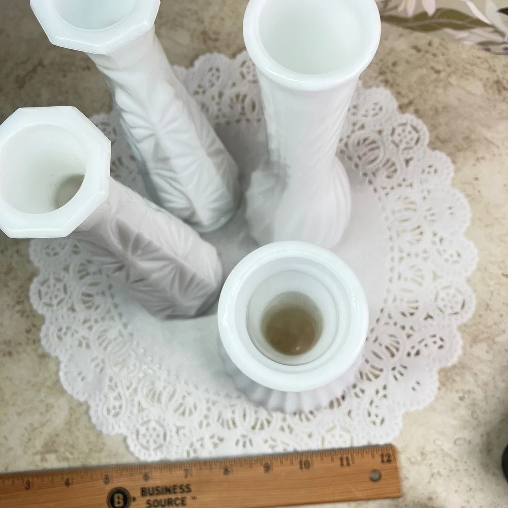 Hoosier Glass Bud Vases Set of 4 Vintage Milk Glass White Geometric Swirl
